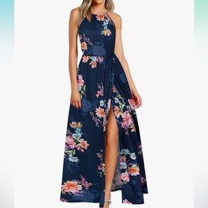 Navy Floral Halter Maxi Dress with Pockets